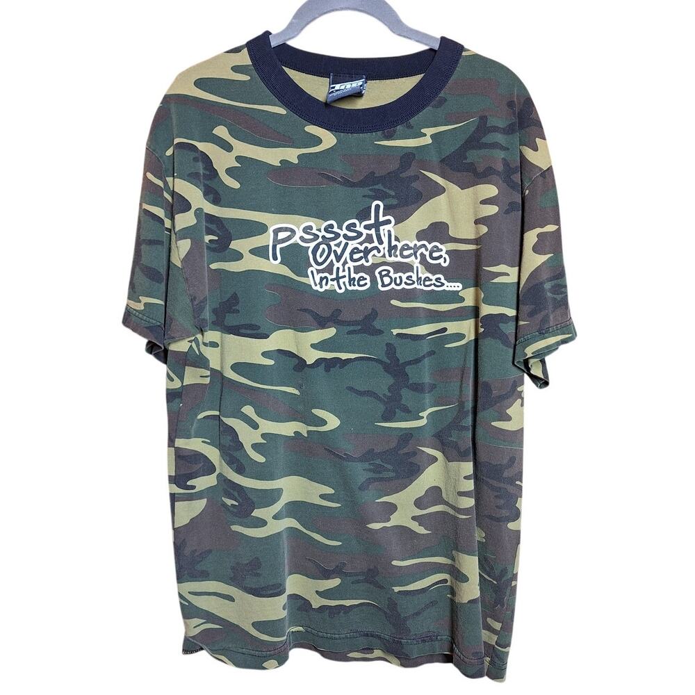Top heavy Y2K vintage camo ringer tee "psst over here in the bushes" graphic